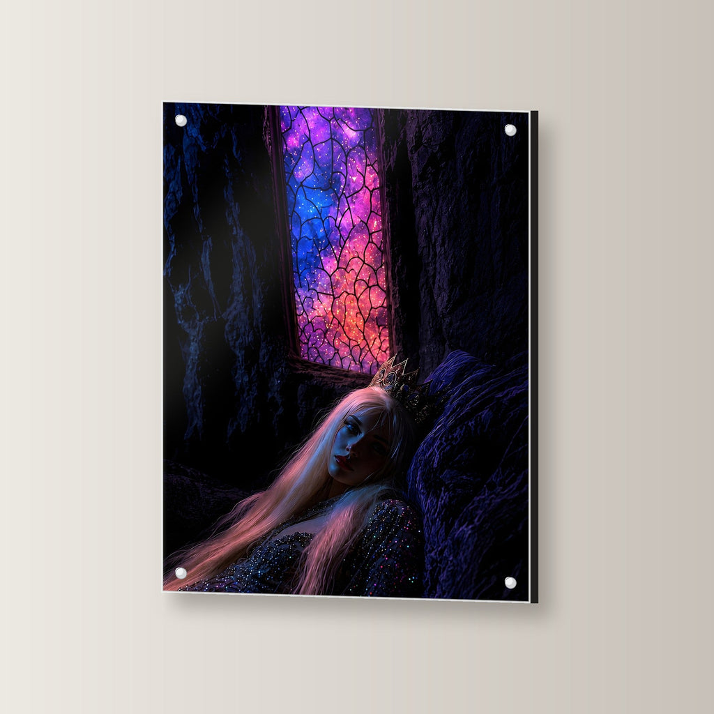 Fantasy Acrylglasbild auf Acrylglas mit Edelstahl-Abstandshaltern, leicht gedreht an der Wand fotografiert