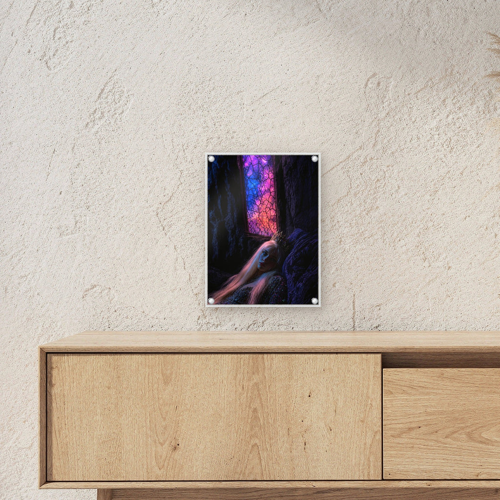 Fantasy Acrylglasbild auf Acrylglas mit Edelstahl-Abstandshaltern ueber einem Sideboard, zeigt die Groesse im Raum