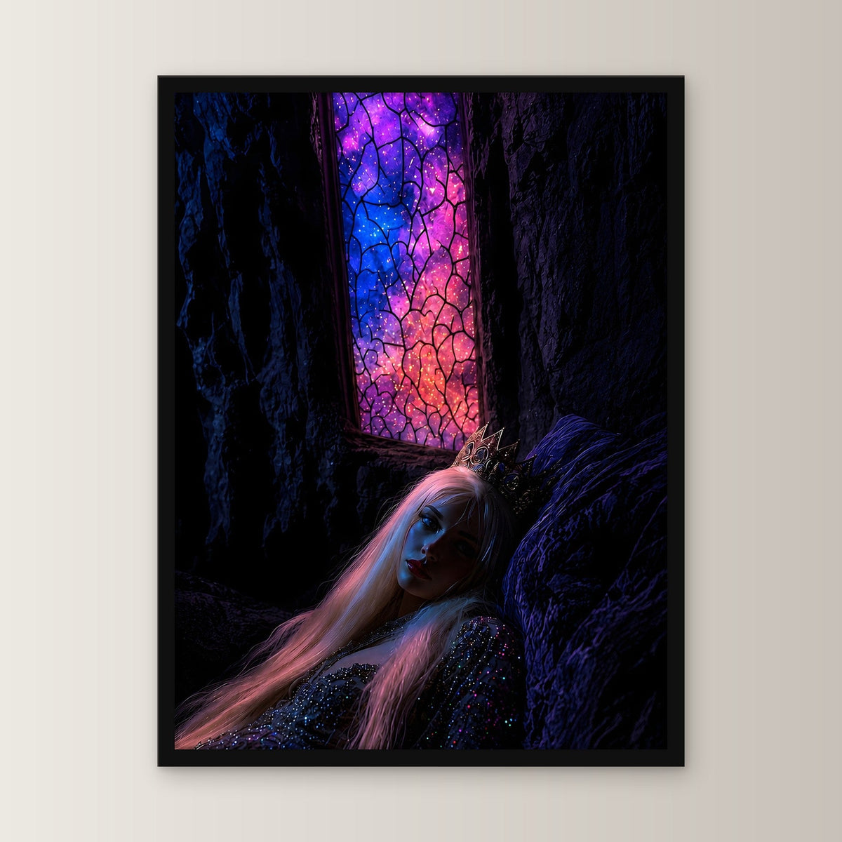 Fantasy Poster gerahmt im schwarzen Holzrahmen, gerade von vorn an heller Wand