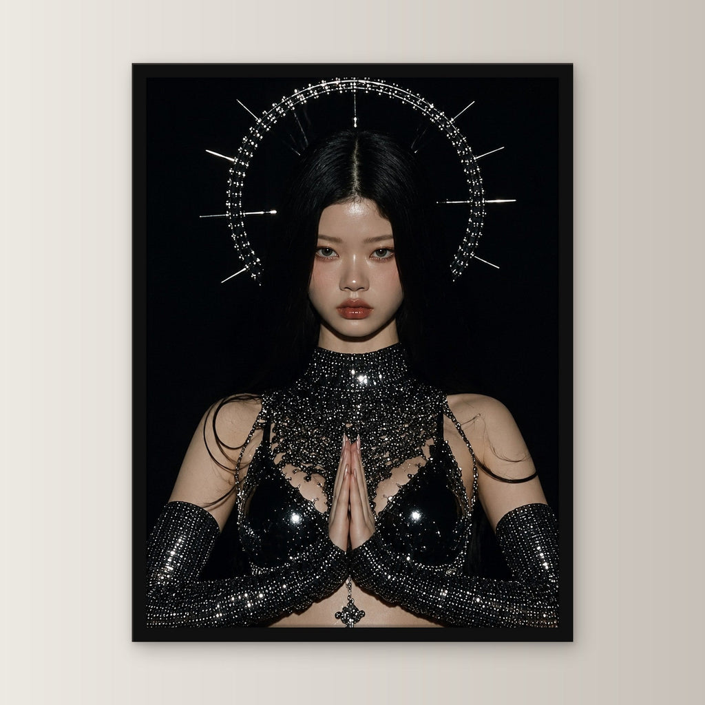 Dark-Fantasy Poster gerahmt im schwarzen Holzrahmen, gerade von vorn an heller Wand