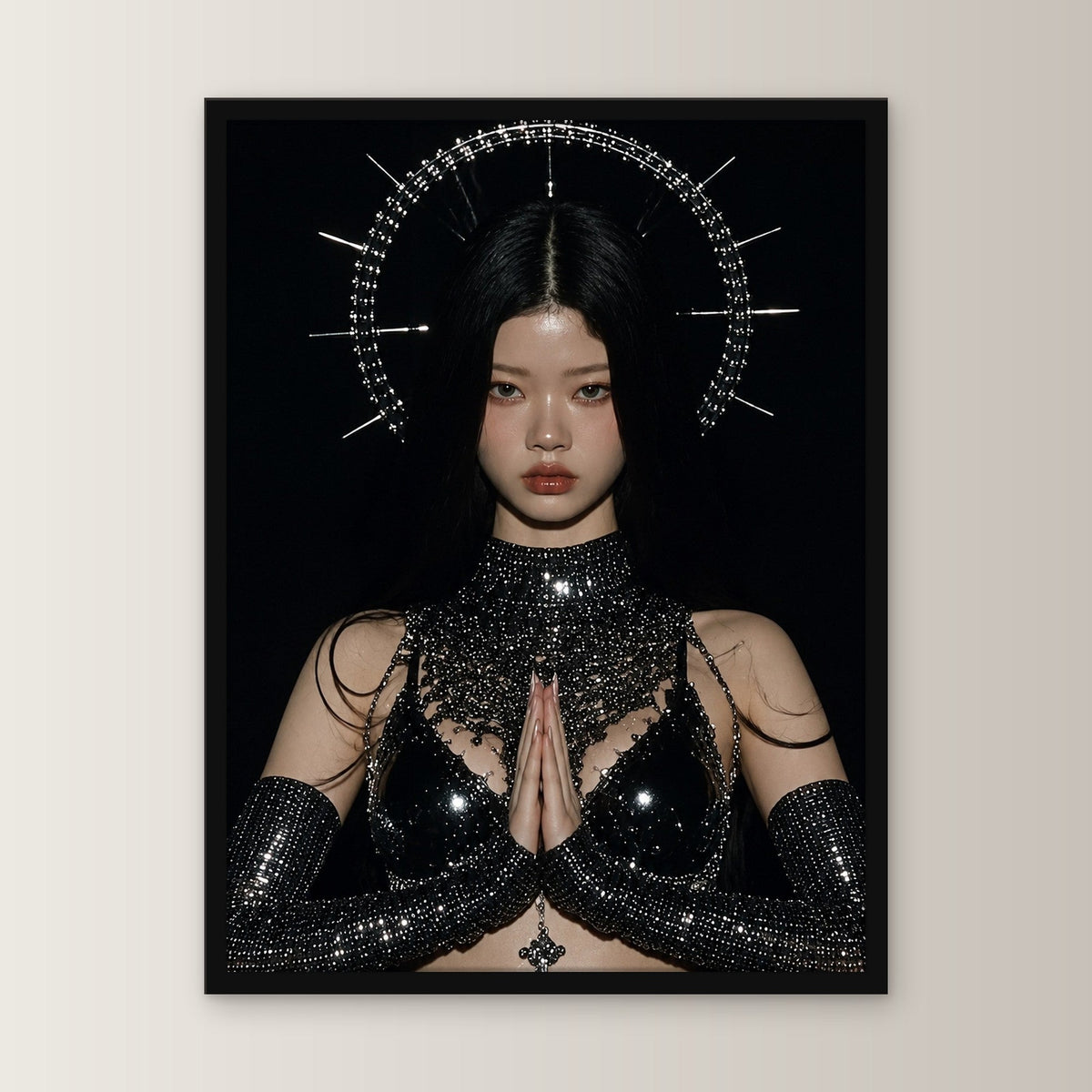 Dark-Fantasy Poster gerahmt im schwarzen Holzrahmen, gerade von vorn an heller Wand