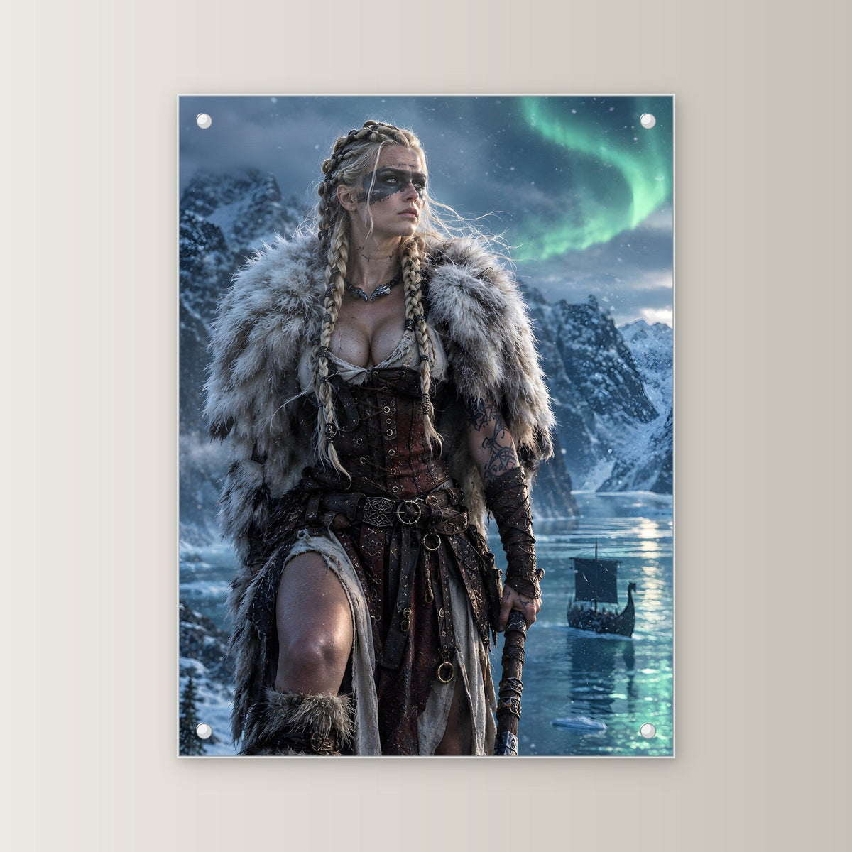 Schildmaid mit Axt unter Polarlicht am Fjord, Dark Fantasy Acrylglasbild auf Acrylglas mit Edelstahl-Abstandshaltern, gerade von vorn an heller Wand