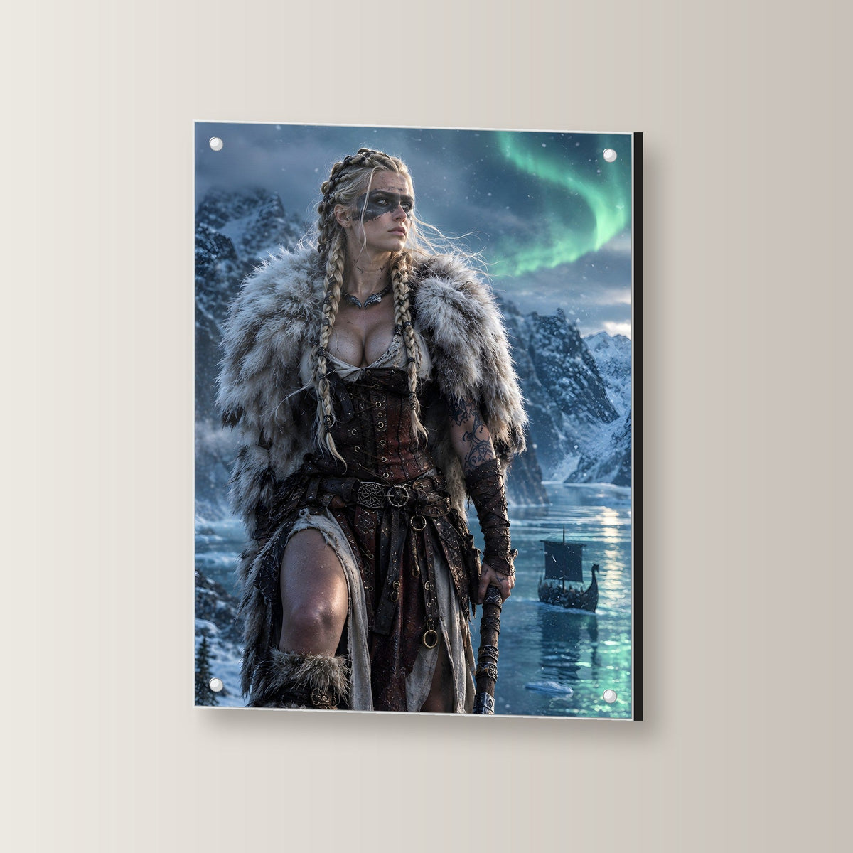 Schildmaid mit Axt unter Polarlicht am Fjord, Dark Fantasy Acrylglasbild auf Acrylglas mit Edelstahl-Abstandshaltern, leicht gedreht an der Wand fotografiert