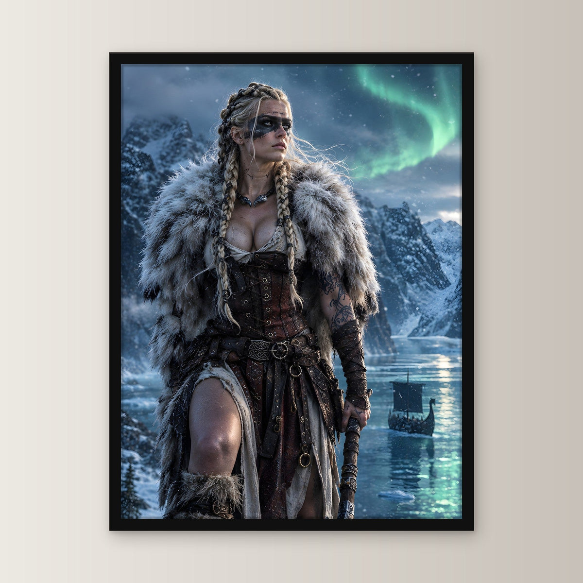 Schildmaid mit Axt unter Polarlicht am Fjord, Fantasy Wandbild gerahmt im schwarzen Holzrahmen, gerade von vorn an heller Wand