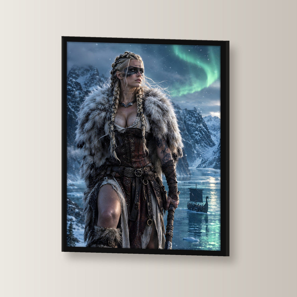 Schildmaid mit Axt unter Polarlicht am Fjord, Fantasy Wandbild gerahmt im schwarzen Holzrahmen, leicht gedreht an der Wand fotografiert