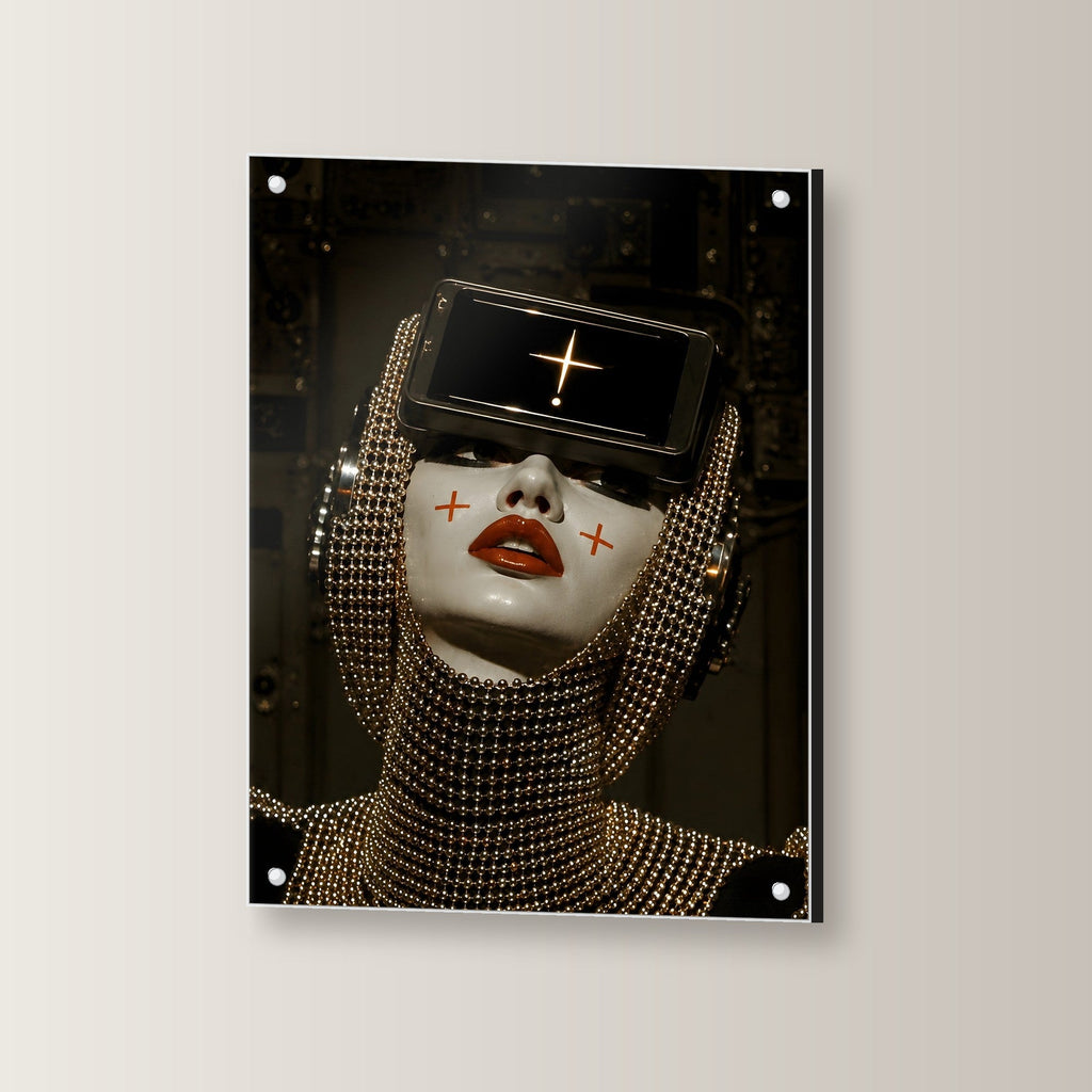 Cyberpunk Wandbild Acrylglas | Sci-Fi Porträt Deko auf Acrylglas mit Edelstahl-Abstandshaltern, leicht gedreht an der Wand fotografiert