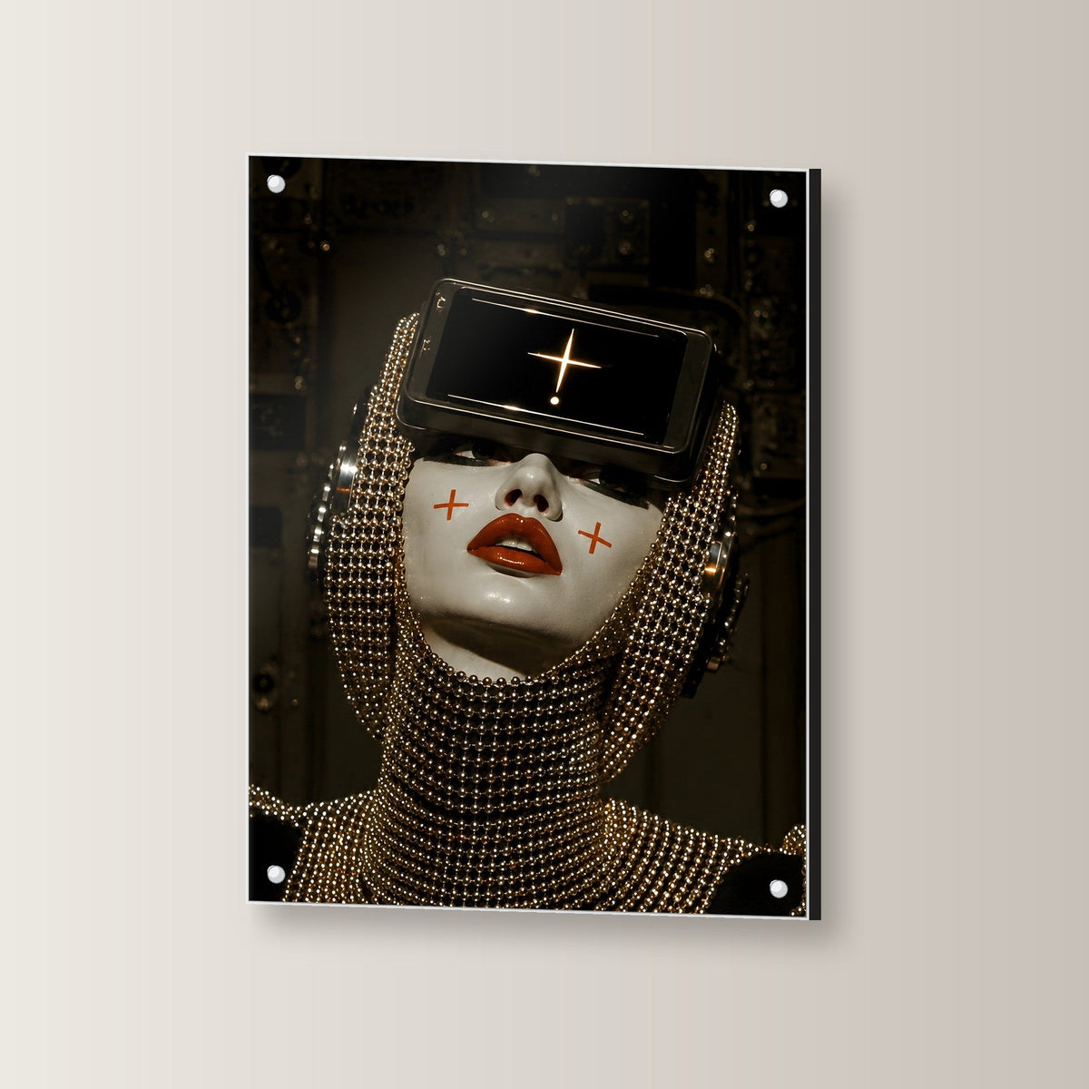 Cyberpunk Wandbild Acrylglas | Sci-Fi Porträt Deko auf Acrylglas mit Edelstahl-Abstandshaltern, leicht gedreht an der Wand fotografiert