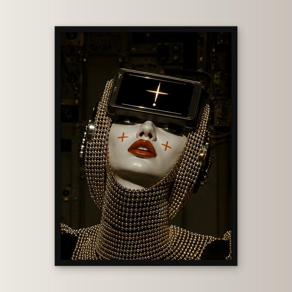 Cyberpunk Wandbild gerahmt | Sci-Fi Porträt Poster im schwarzen Holzrahmen, gerade von vorn an heller Wand