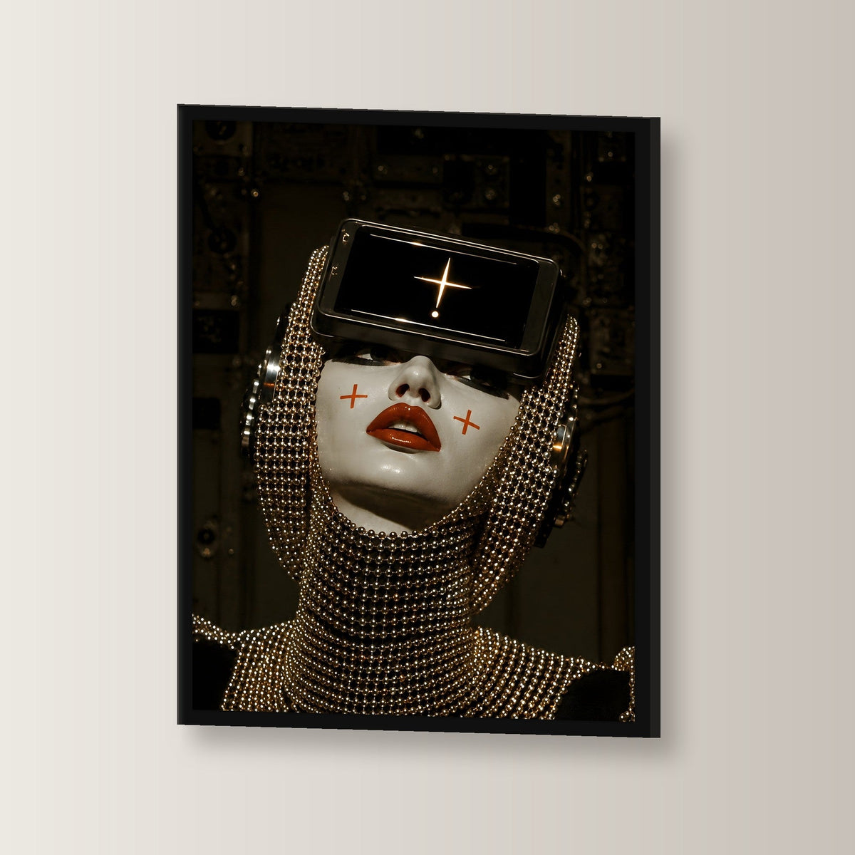 Cyberpunk Wandbild gerahmt | Sci-Fi Porträt Poster im schwarzen Holzrahmen, leicht gedreht an der Wand fotografiert