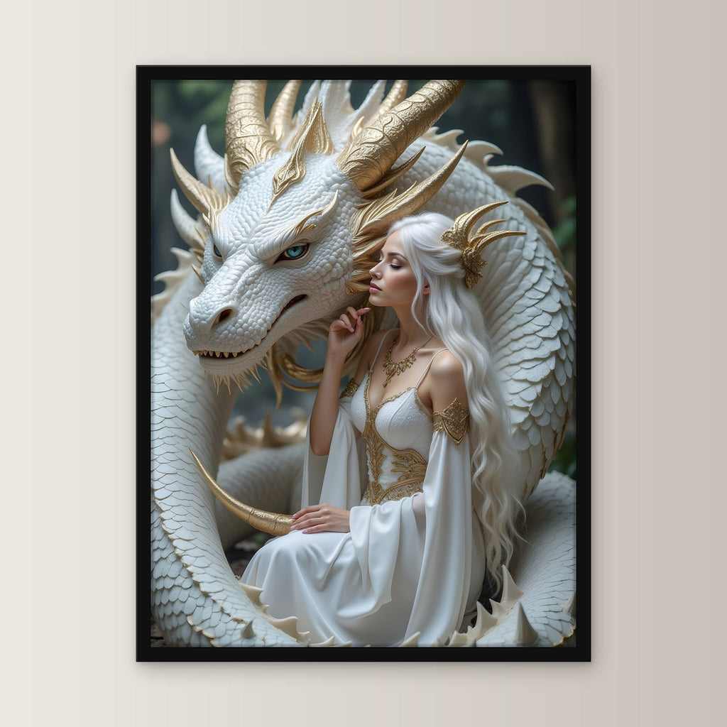 Weiße Königin mit weißem Drachen im Wald, Fantasy Wandbild gerahmt im schwarzen Holzrahmen, gerade von vorn an heller Wand