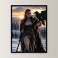 Schildmaid mit Rabe auf der Hand im Abendlicht, Fantasy Wandbild gerahmt im schwarzen Holzrahmen, gerade von vorn an heller Wand