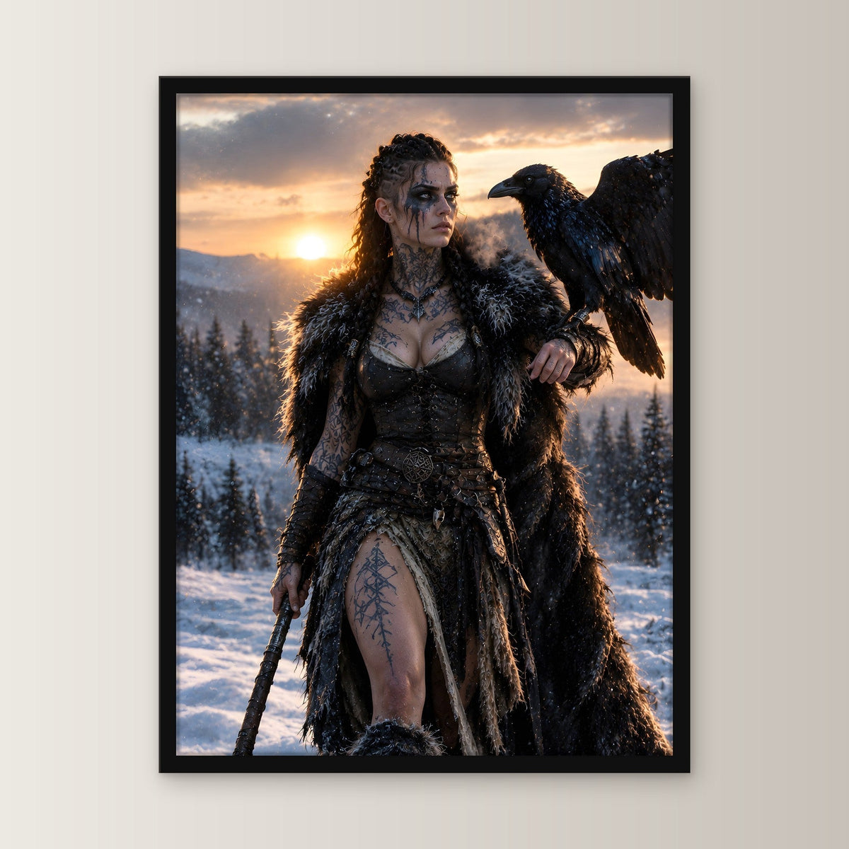 Schildmaid mit Rabe auf der Hand im Abendlicht, Fantasy Wandbild gerahmt im schwarzen Holzrahmen, gerade von vorn an heller Wand