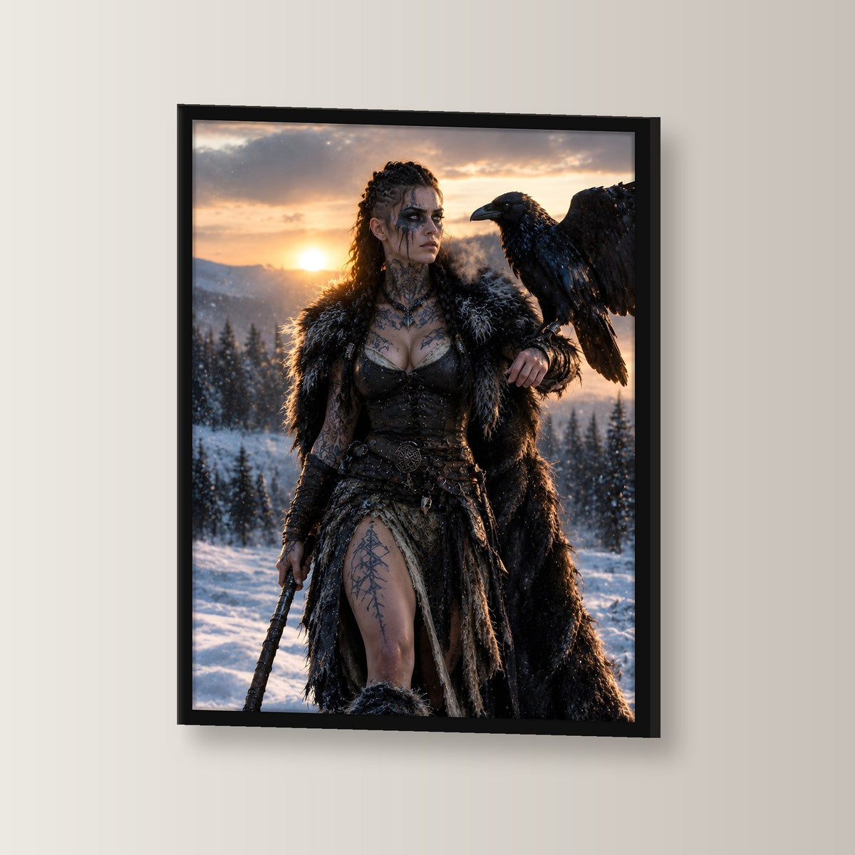 Schildmaid mit Rabe auf der Hand im Abendlicht, Fantasy Wandbild gerahmt im schwarzen Holzrahmen, leicht gedreht an der Wand fotografiert