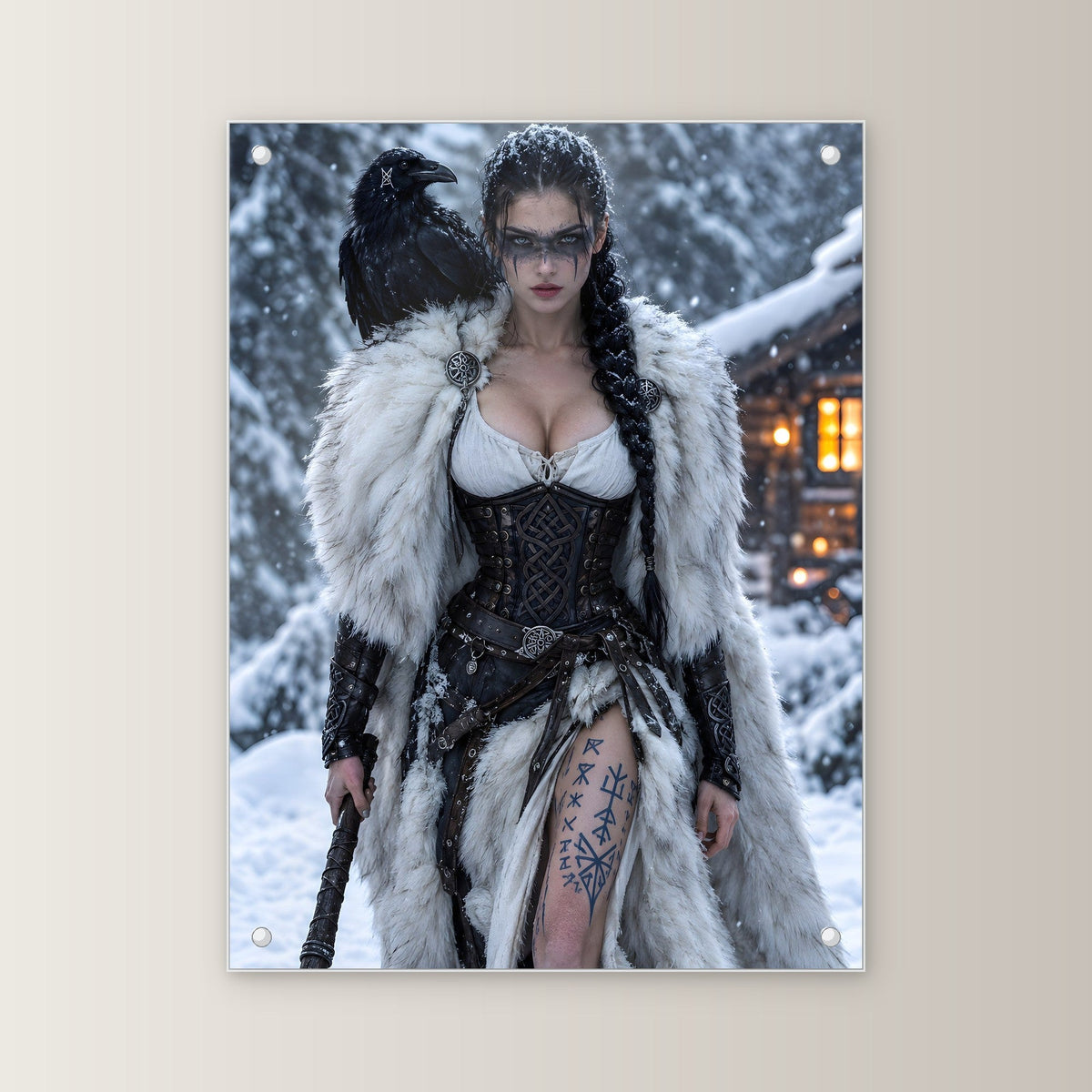 Schildmaid mit Rabe und Axt im Schneesturm, Dark Fantasy Acrylglasbild auf Acrylglas mit Edelstahl-Abstandshaltern, gerade von vorn an heller Wand