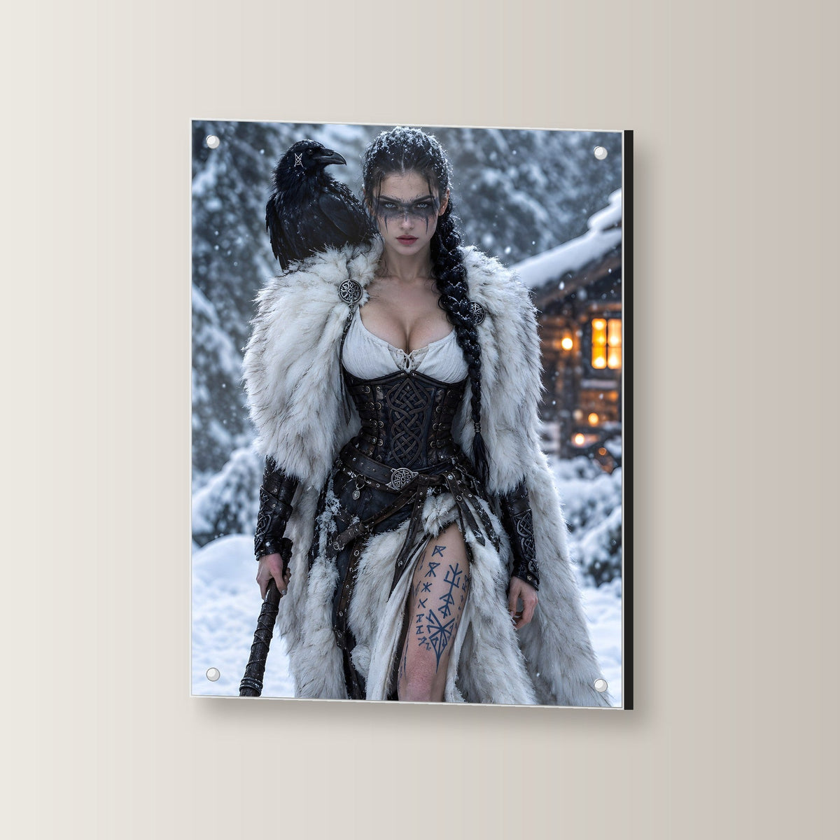 Schildmaid mit Rabe und Axt im Schneesturm, Dark Fantasy Acrylglasbild auf Acrylglas mit Edelstahl-Abstandshaltern, leicht gedreht an der Wand fotografiert