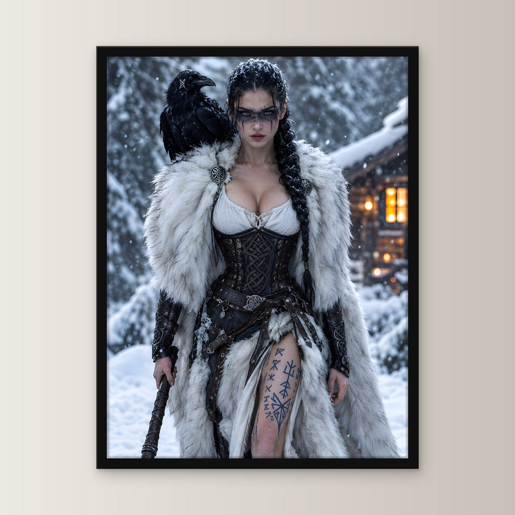 Schildmaid mit Rabe und Axt im Schneesturm, Fantasy Wandbild gerahmt im schwarzen Holzrahmen, gerade von vorn an heller Wand