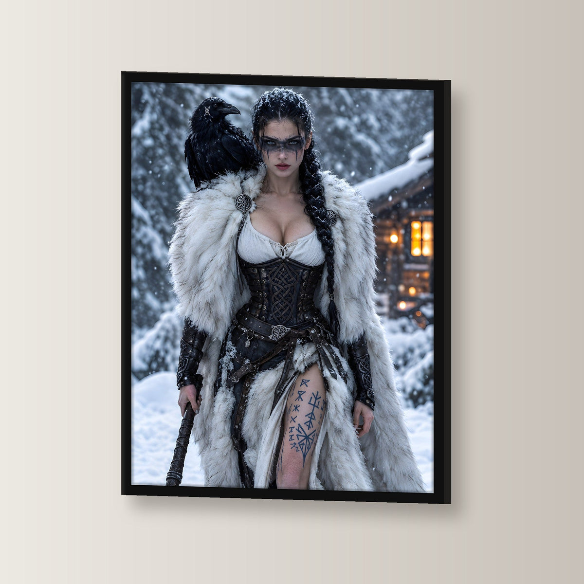 Schildmaid mit Rabe und Axt im Schneesturm, Fantasy Wandbild gerahmt im schwarzen Holzrahmen, leicht gedreht an der Wand fotografiert