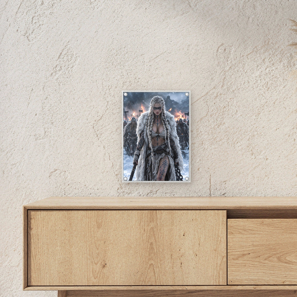 Kriegerin mit Kette und Axt vor brennendem Dorf, Dark Fantasy Acrylglasbild auf Acrylglas mit Edelstahl-Abstandshaltern ueber einem Sideboard, zeigt die Groesse im Raum
