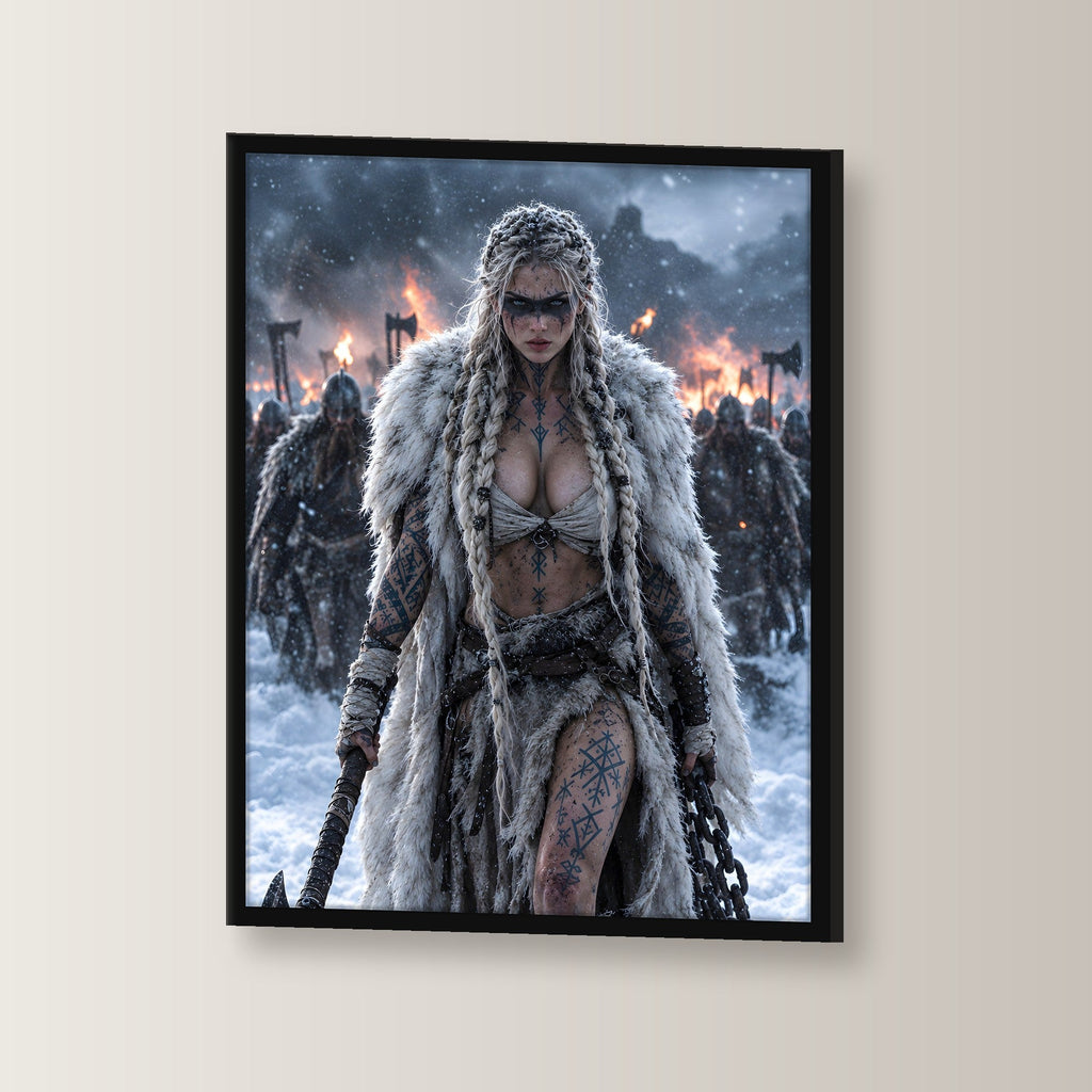 Kriegerin mit Kette und Axt vor brennendem Dorf, Fantasy Wandbild gerahmt im schwarzen Holzrahmen, leicht gedreht an der Wand fotografiert