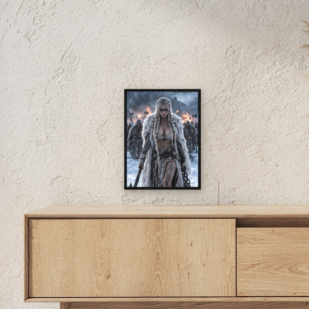 Kriegerin mit Kette und Axt vor brennendem Dorf, Fantasy Wandbild gerahmt im schwarzen Holzrahmen ueber einem Sideboard, zeigt die Groesse im Raum