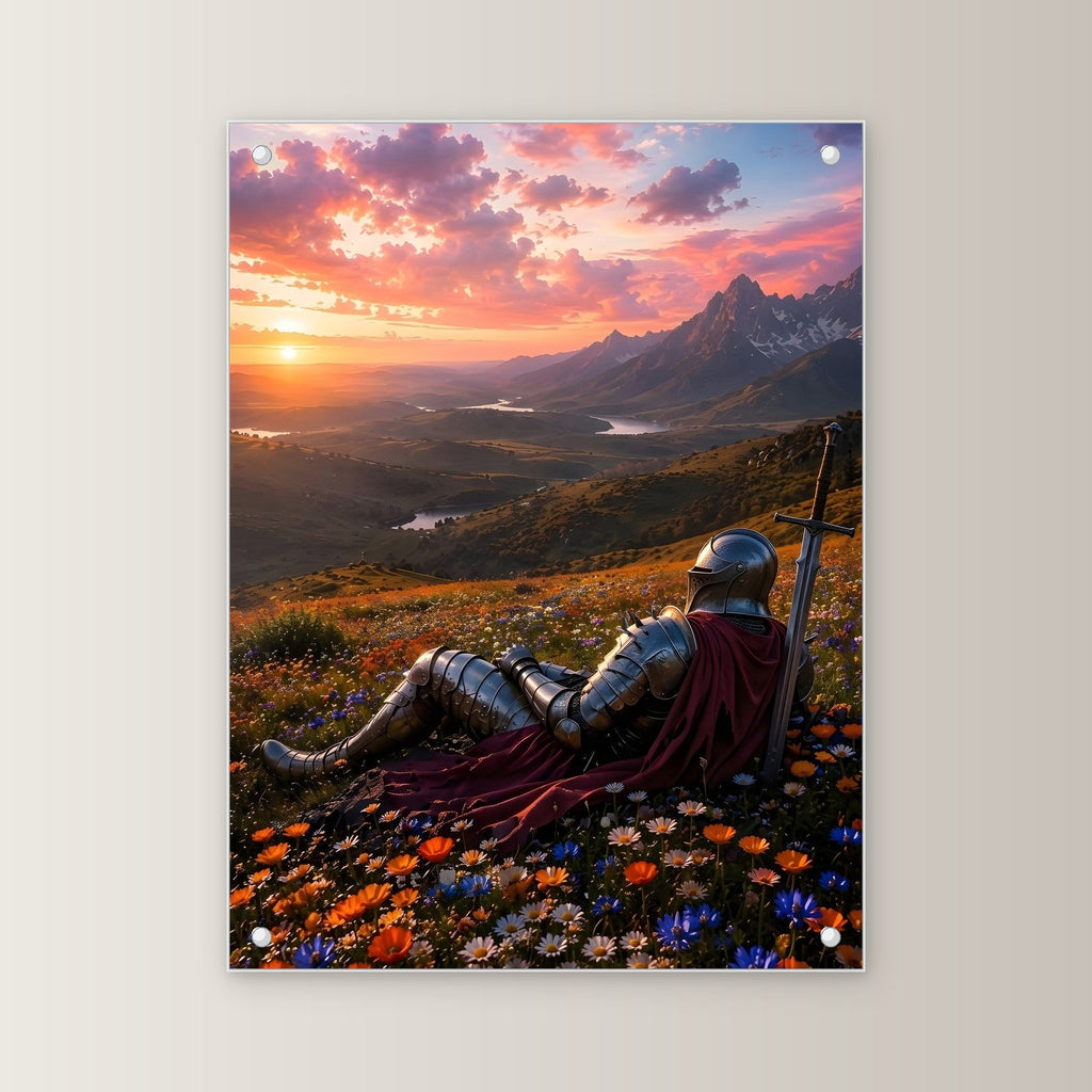 Ritter rastet im Blütenmeer, Mittelalter Fantasy Acrylglasbild auf Acrylglas mit Edelstahl-Abstandshaltern, gerade von vorn an heller Wand
