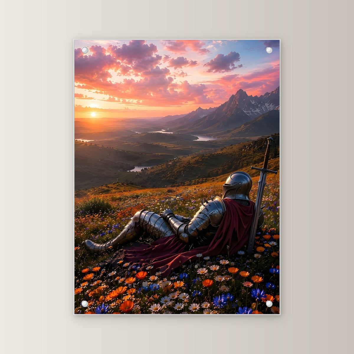 Ritter rastet im Blütenmeer, Mittelalter Fantasy Acrylglasbild auf Acrylglas mit Edelstahl-Abstandshaltern, gerade von vorn an heller Wand