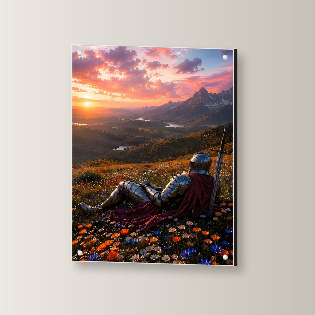 Ritter rastet im Blütenmeer, Mittelalter Fantasy Acrylglasbild auf Acrylglas mit Edelstahl-Abstandshaltern, leicht gedreht an der Wand fotografiert