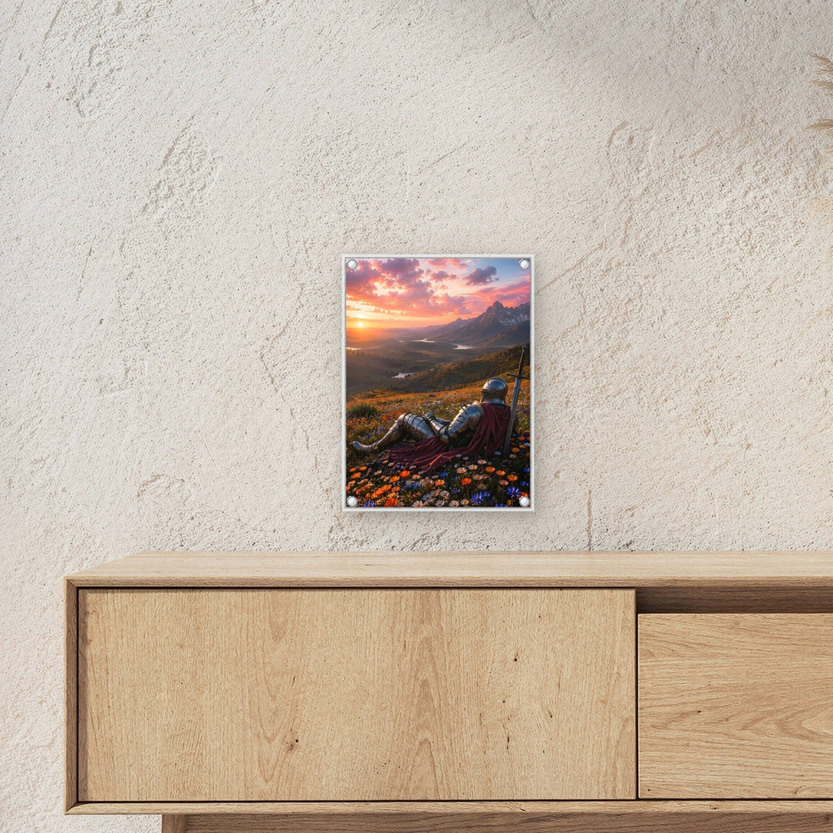 Ritter rastet im Blütenmeer, Mittelalter Fantasy Acrylglasbild auf Acrylglas mit Edelstahl-Abstandshaltern ueber einem Sideboard, zeigt die Groesse im Raum