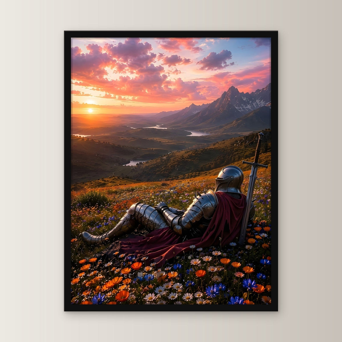 Ritter rastet im Blütenmeer, Mittelalter Fantasy Wandbild gerahmt im schwarzen Holzrahmen, gerade von vorn an heller Wand