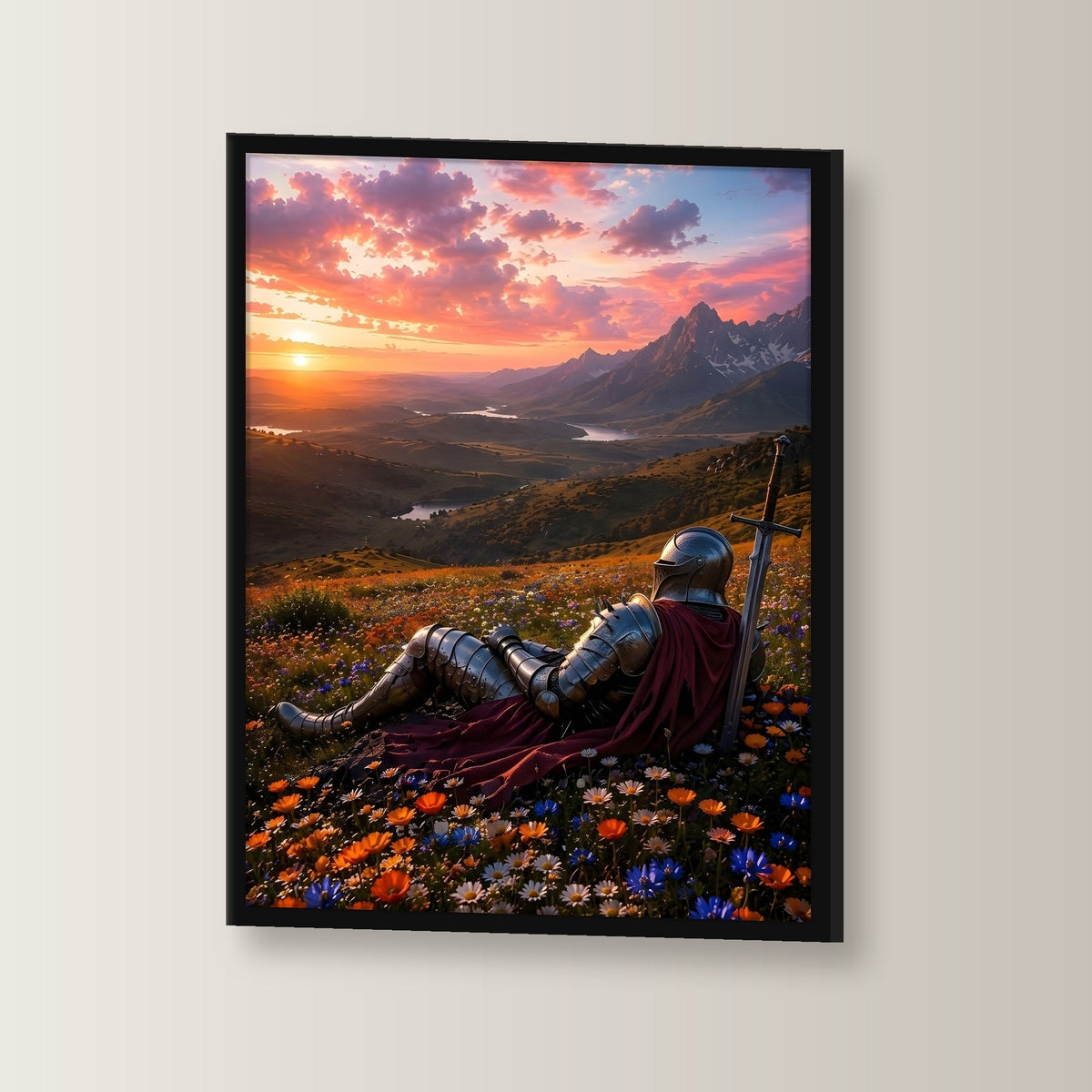 Ritter rastet im Blütenmeer, Mittelalter Fantasy Wandbild gerahmt im schwarzen Holzrahmen, leicht gedreht an der Wand fotografiert