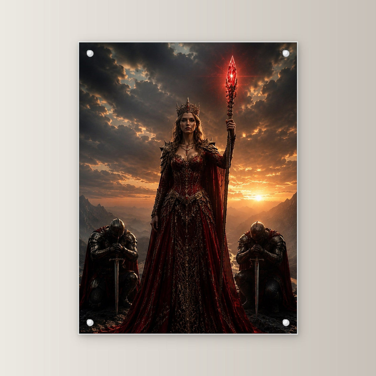 Dark-Fantasy Acrylglasbild auf Acrylglas mit Edelstahl-Abstandshaltern, gerade von vorn an heller Wand