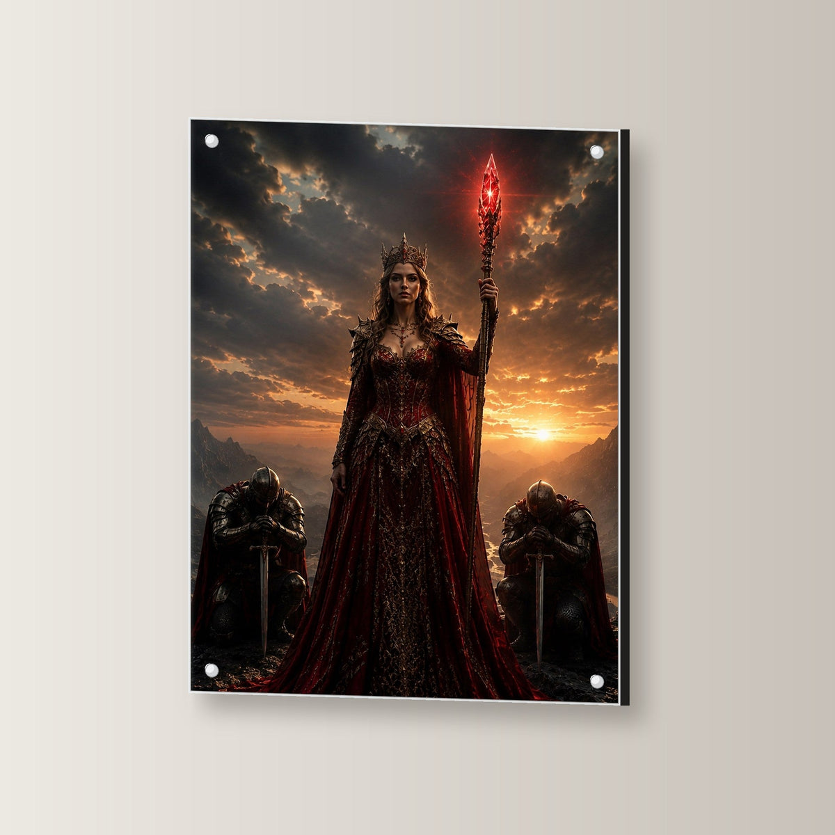 Dark-Fantasy Acrylglasbild auf Acrylglas mit Edelstahl-Abstandshaltern, leicht gedreht an der Wand fotografiert