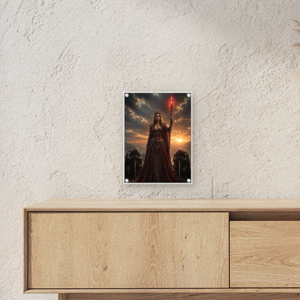 Dark-Fantasy Acrylglasbild auf Acrylglas mit Edelstahl-Abstandshaltern ueber einem Sideboard, zeigt die Groesse im Raum