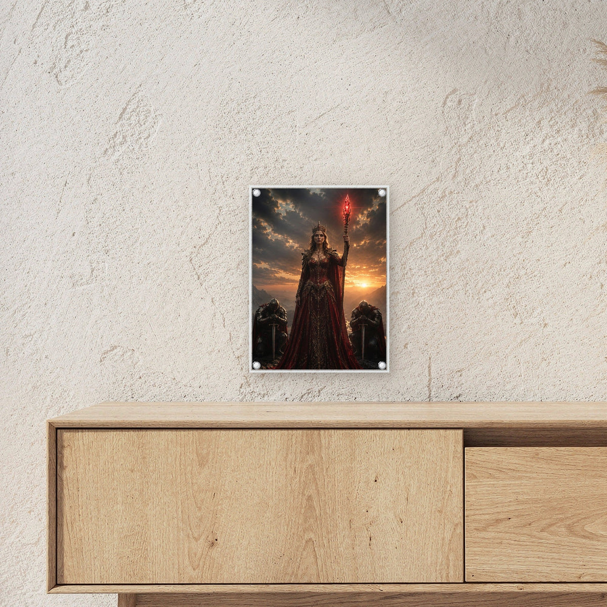 Dark-Fantasy Acrylglasbild auf Acrylglas mit Edelstahl-Abstandshaltern ueber einem Sideboard, zeigt die Groesse im Raum