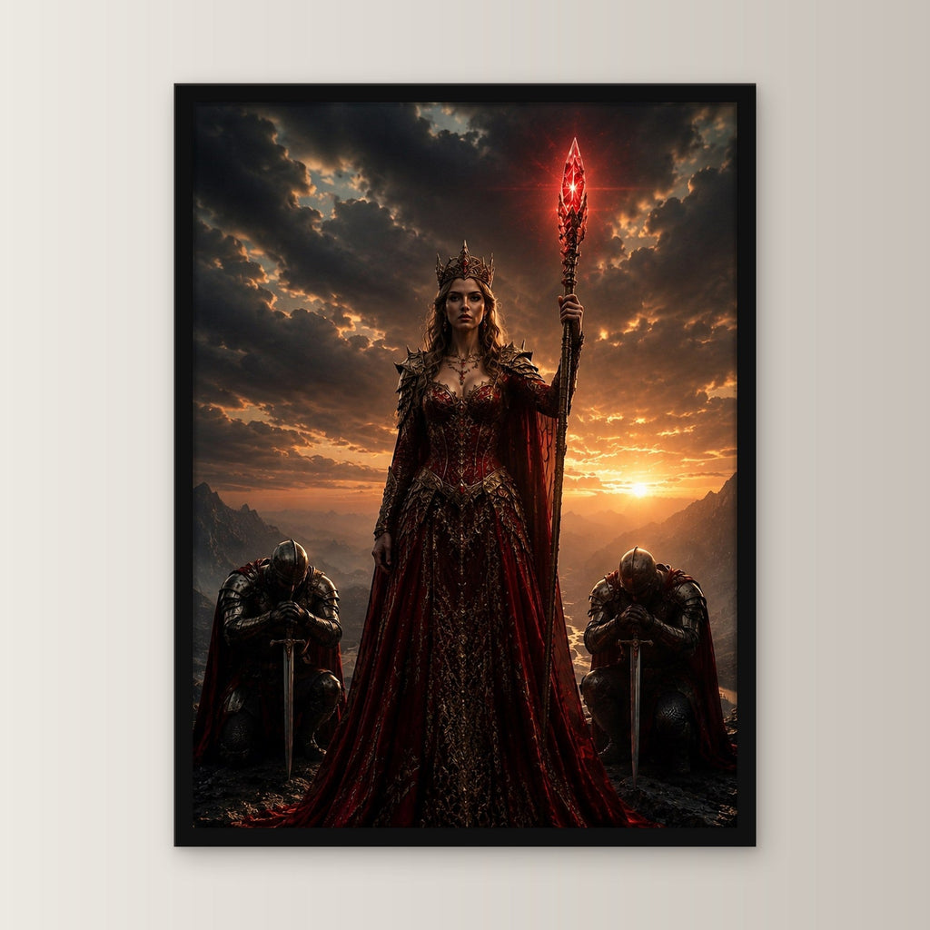 Dark-Fantasy Poster gerahmt im schwarzen Holzrahmen, gerade von vorn an heller Wand