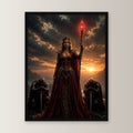 Dark-Fantasy Poster gerahmt im schwarzen Holzrahmen, gerade von vorn an heller Wand