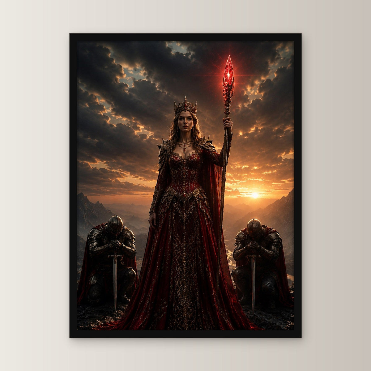 Dark-Fantasy Poster gerahmt im schwarzen Holzrahmen, gerade von vorn an heller Wand