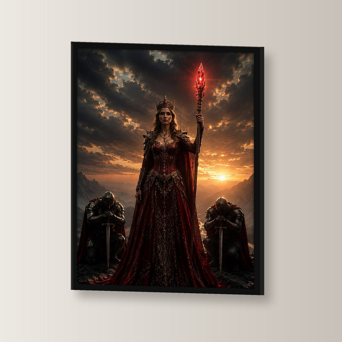 Dark-Fantasy Poster gerahmt im schwarzen Holzrahmen, leicht gedreht an der Wand fotografiert