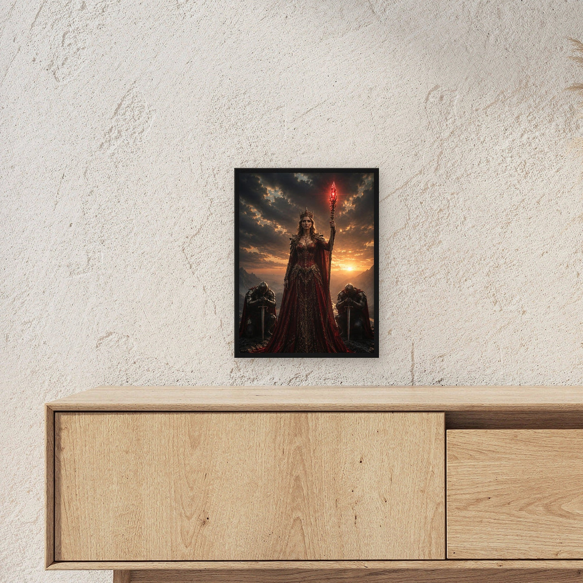 Dark-Fantasy Poster gerahmt im schwarzen Holzrahmen ueber einem Sideboard, zeigt die Groesse im Raum