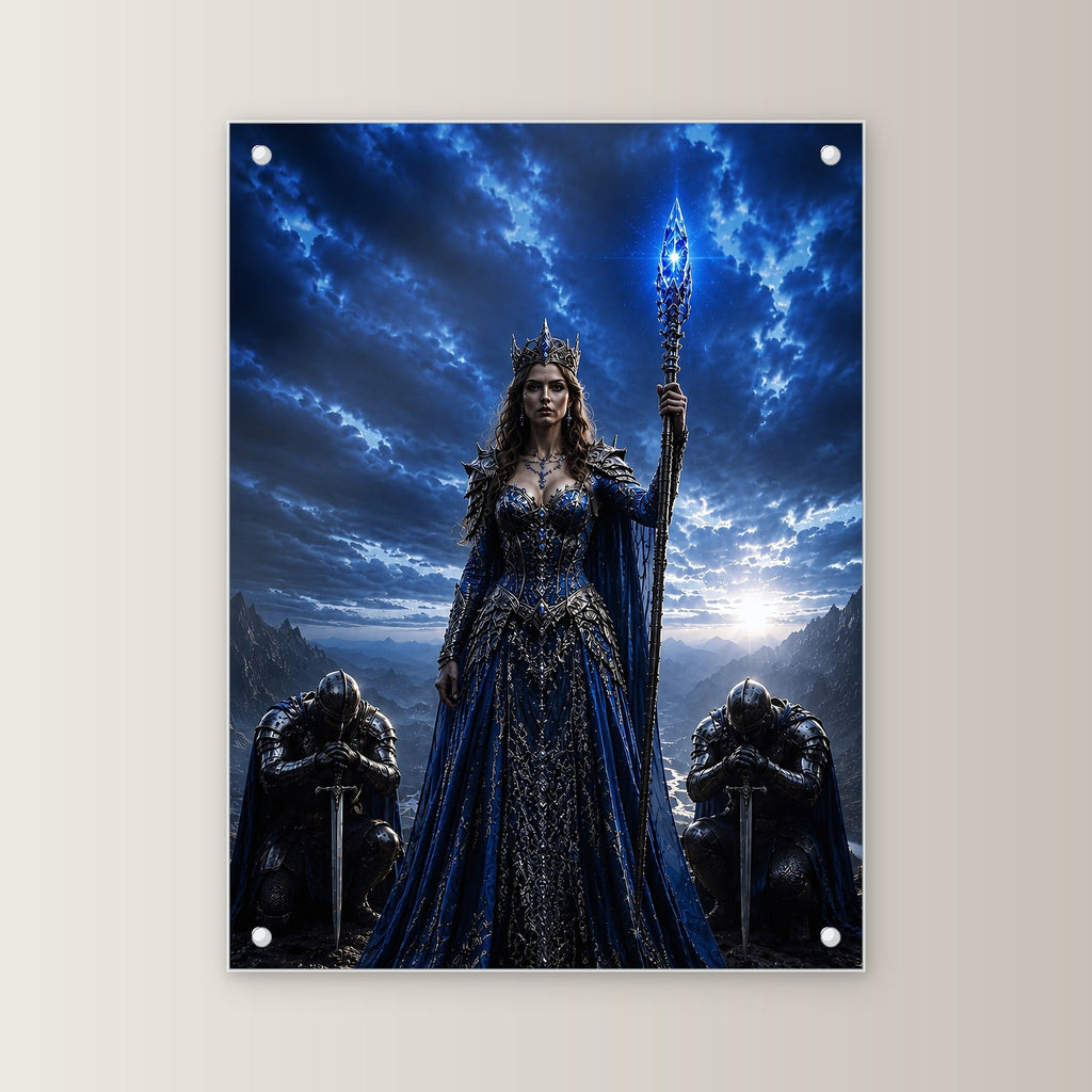 Dark-Fantasy Acrylglasbild auf Acrylglas mit Edelstahl-Abstandshaltern, gerade von vorn an heller Wand
