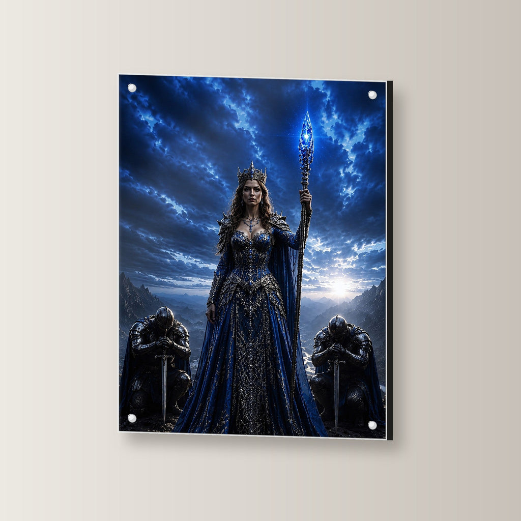 Dark-Fantasy Acrylglasbild auf Acrylglas mit Edelstahl-Abstandshaltern, leicht gedreht an der Wand fotografiert