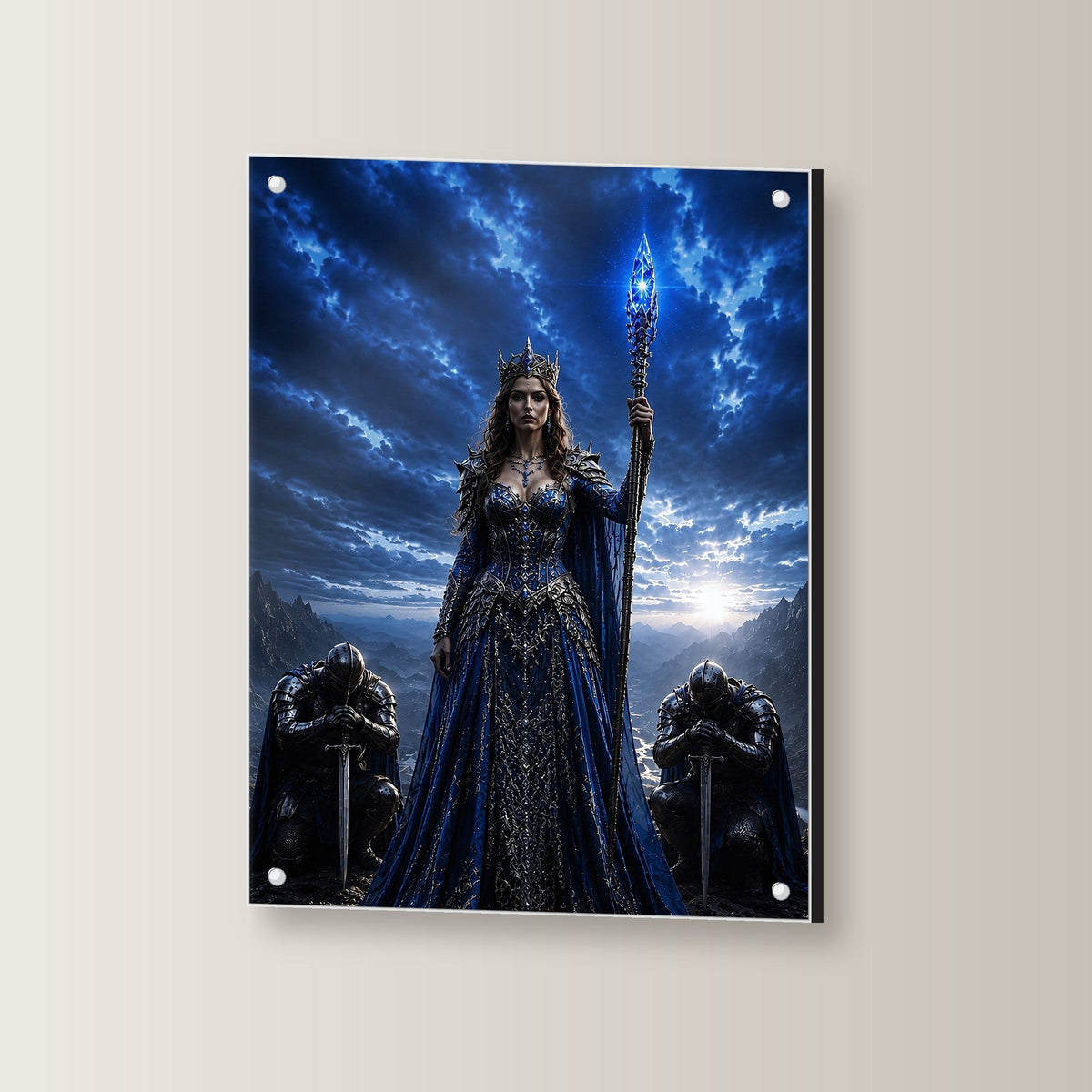 Dark-Fantasy Acrylglasbild auf Acrylglas mit Edelstahl-Abstandshaltern, leicht gedreht an der Wand fotografiert