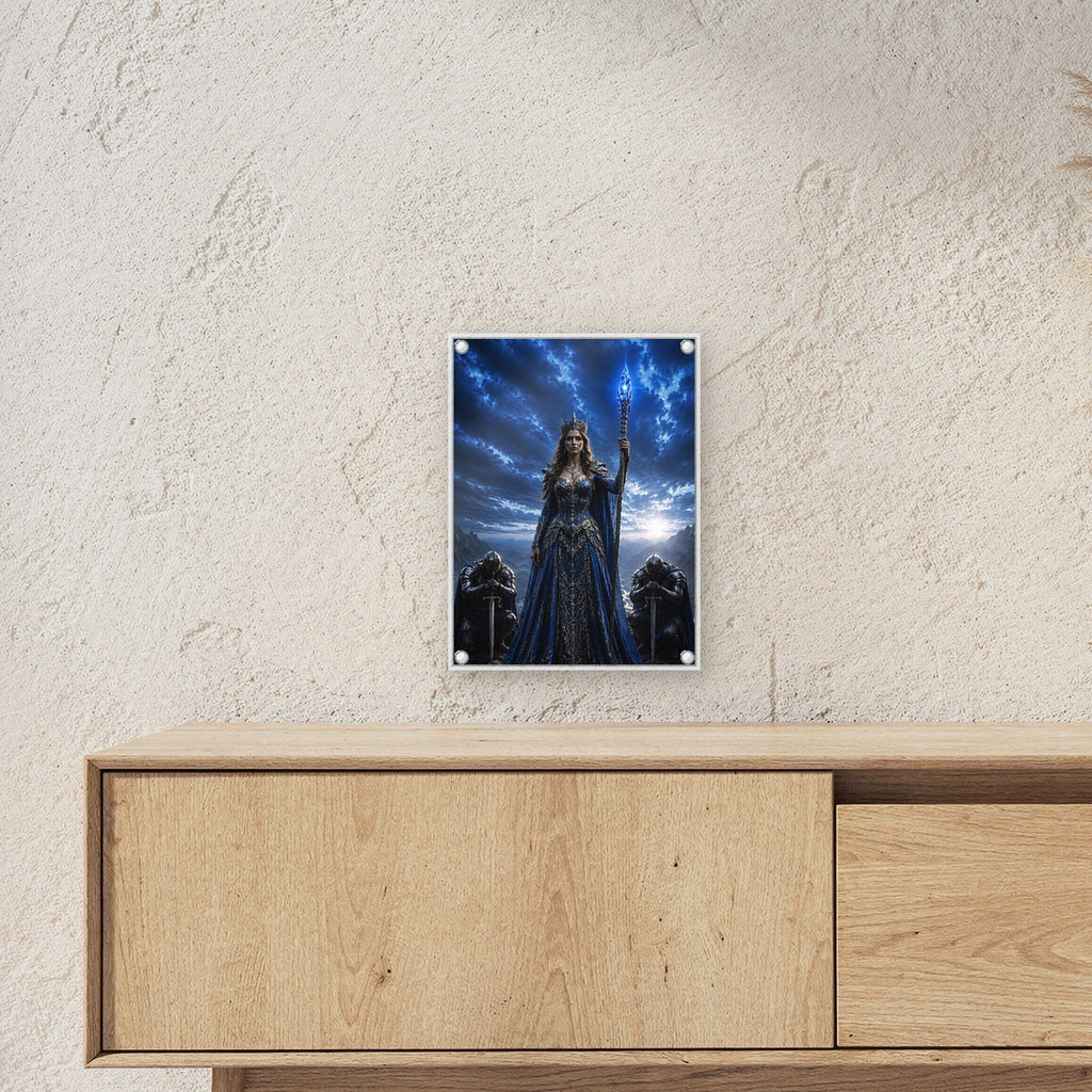 Dark-Fantasy Acrylglasbild auf Acrylglas mit Edelstahl-Abstandshaltern ueber einem Sideboard, zeigt die Groesse im Raum