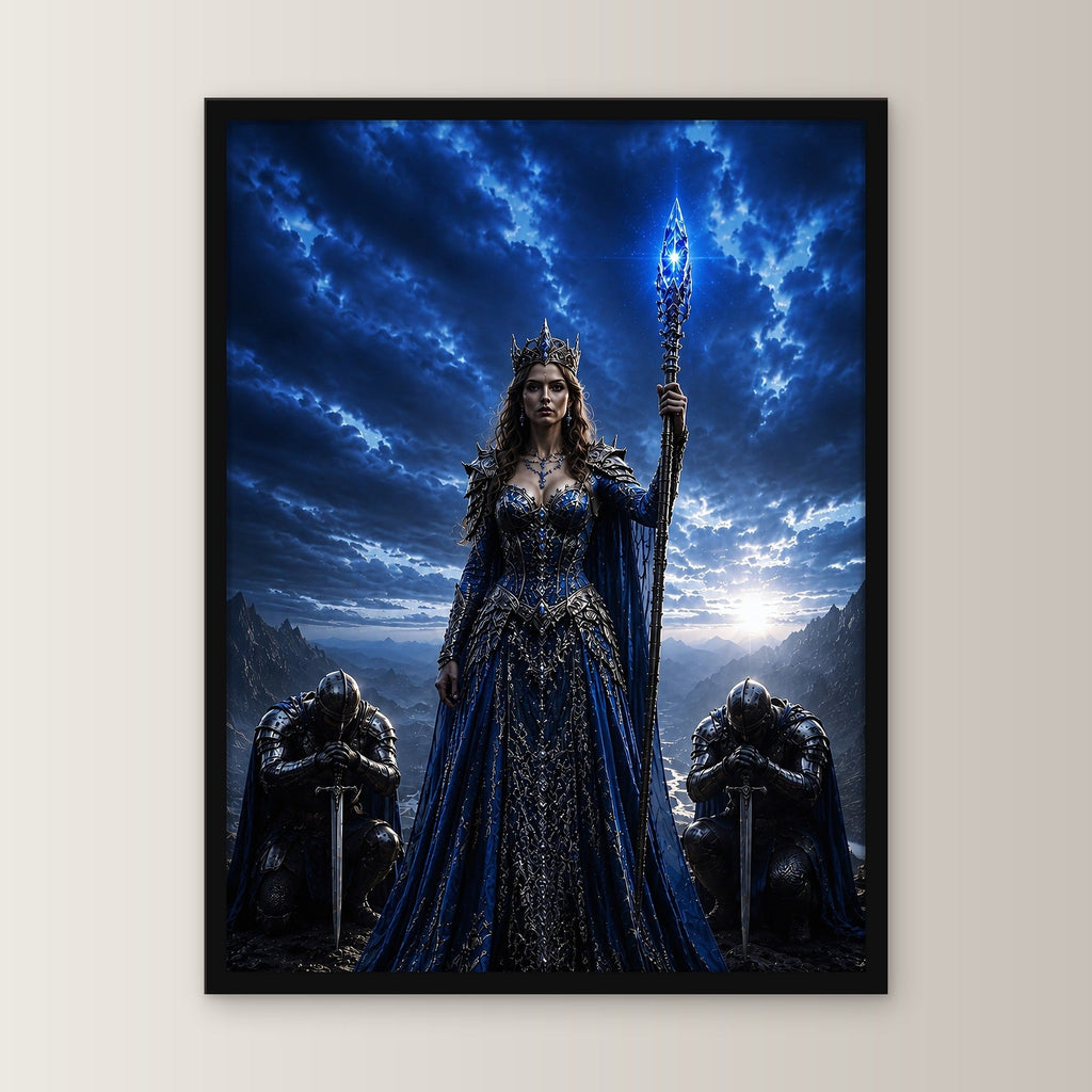 Dark-Fantasy Poster gerahmt im schwarzen Holzrahmen, gerade von vorn an heller Wand