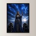 Dark-Fantasy Poster gerahmt im schwarzen Holzrahmen, gerade von vorn an heller Wand