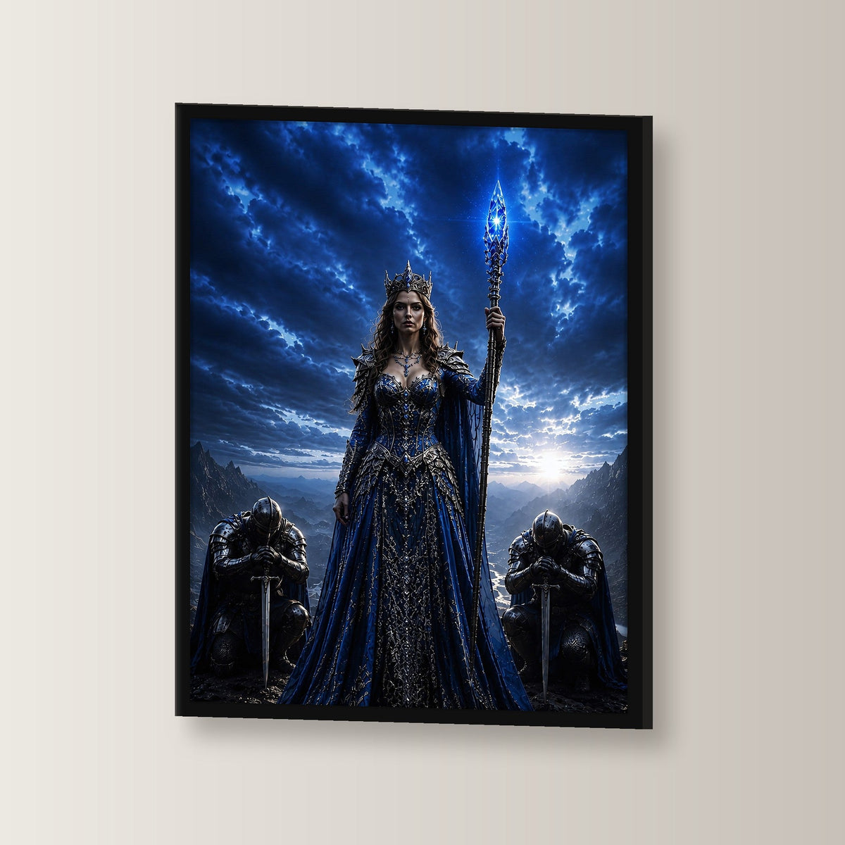Dark-Fantasy Poster gerahmt im schwarzen Holzrahmen, leicht gedreht an der Wand fotografiert