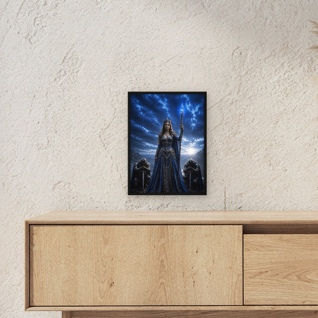Dark-Fantasy Poster gerahmt im schwarzen Holzrahmen ueber einem Sideboard, zeigt die Groesse im Raum