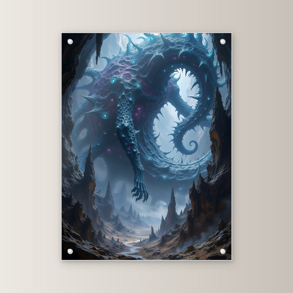 Gewundene Kristallkreatur in violettem Licht, Surreales Acrylglasbild auf Acrylglas mit Edelstahl-Abstandshaltern, gerade von vorn an heller Wand