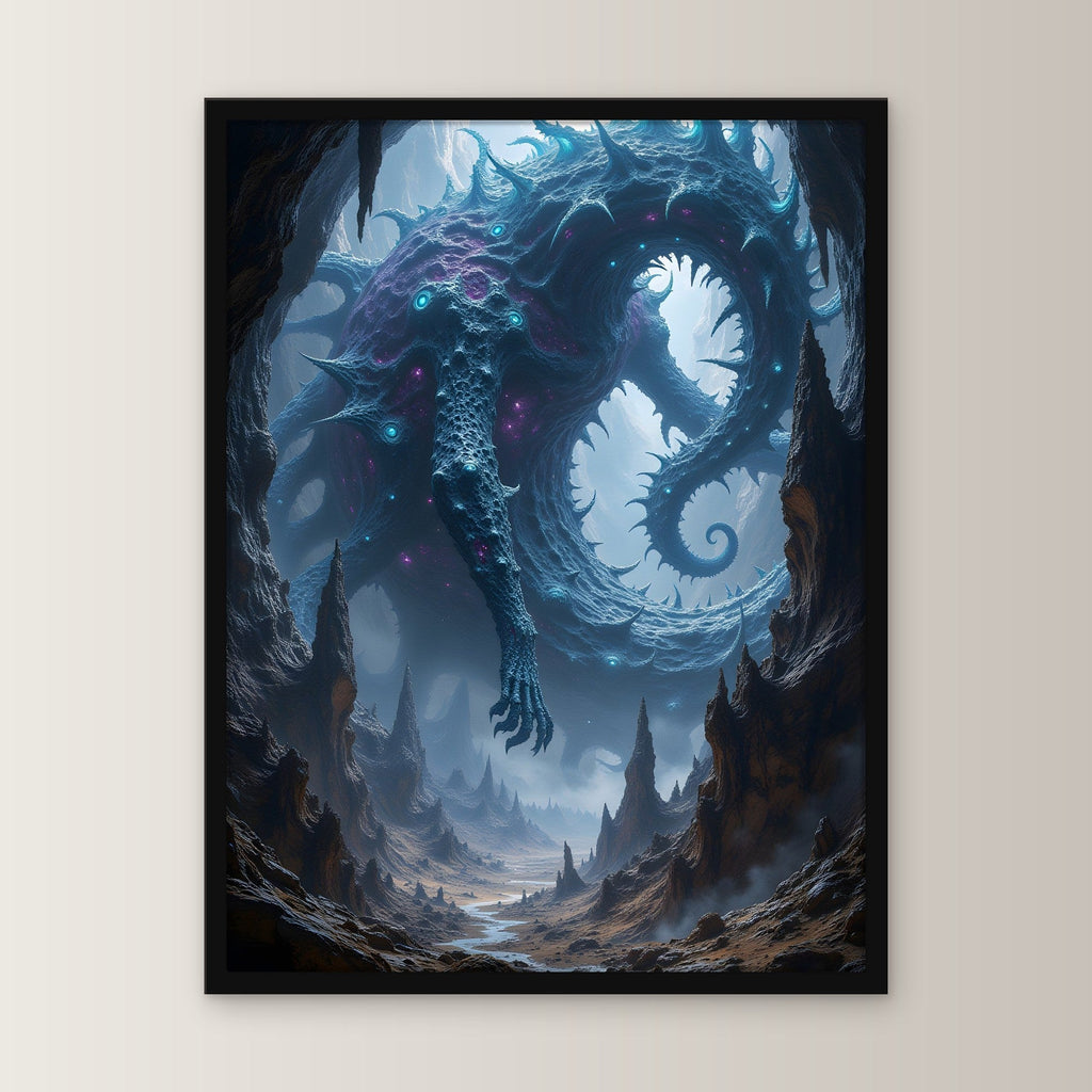 Gewundene Kristallkreatur in violettem Licht, Surreales Wandbild gerahmt im schwarzen Holzrahmen, gerade von vorn an heller Wand