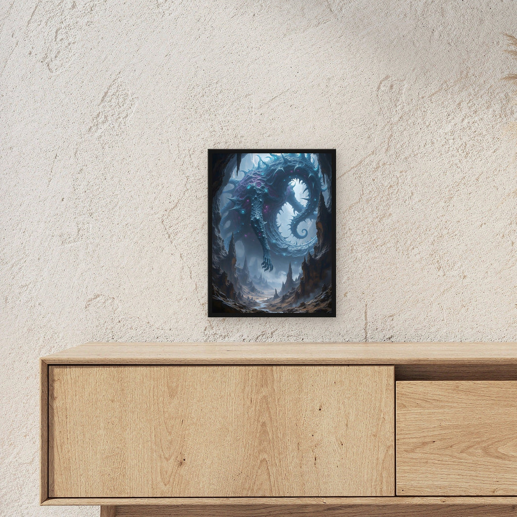 Gewundene Kristallkreatur in violettem Licht, Surreales Wandbild gerahmt im schwarzen Holzrahmen ueber einem Sideboard, zeigt die Groesse im Raum